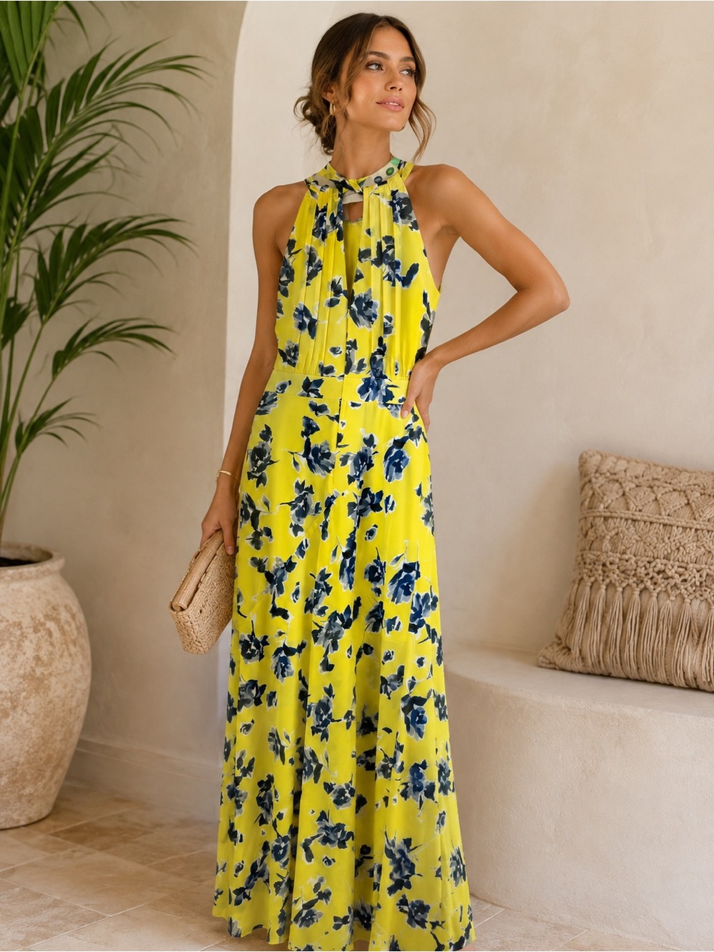 Eliza J Yellow Maxi Dress with Navy Floral Print